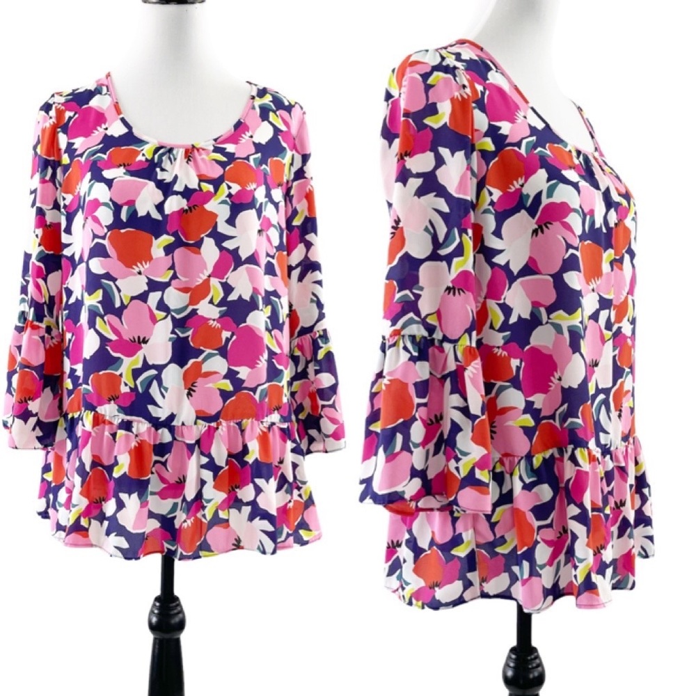 Cappagallo Floral Scoop Neck 3/4 Bell Sleeve Peplum Top Size Medium EUC